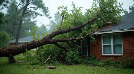 Fallen tree damages house roof after intense hurricane storm
