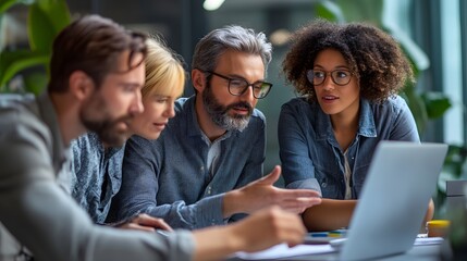 Four Colleagues Collaborating on a Laptop in a Modern Office Setting