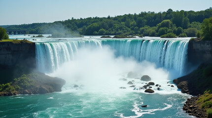 Close-up view of a powerful waterfall amid lush greenery