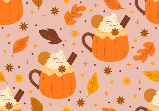 Seamless pattern with Pumpkin Spice Latte. Autumn coffee background. Ice honey pumpkin spice latte with whipped cream texture