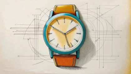 Artistic sketch of a classic wristwatch on technical drawing paper
