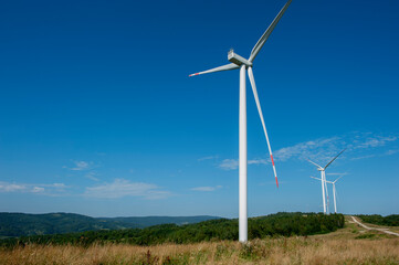 Fototapeta premium The blades of a wind farm rotate against the sky. The concept of electricity production from renewable sources.