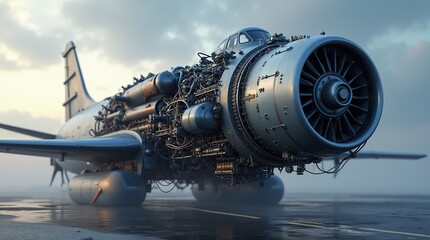 Realistic depiction of a detailed airplane engine on tarmac