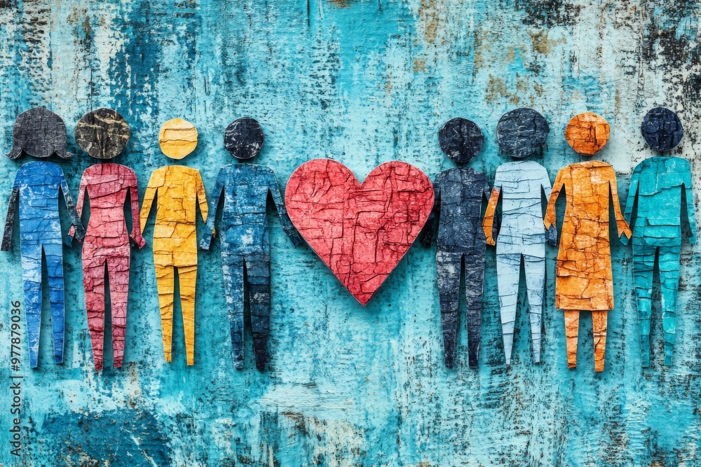 Poster diverse group of figures holding hands around a central heart representing global unity diversity an