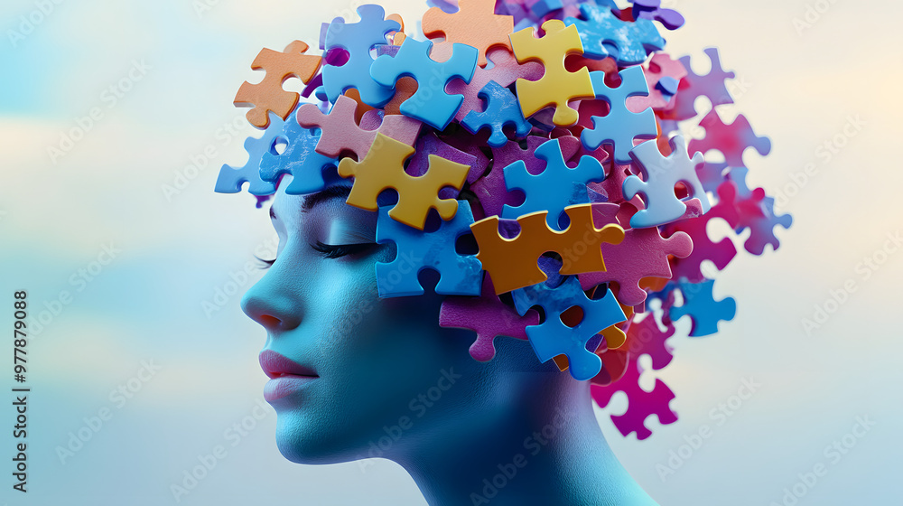 Poster the intricate connection between creativity and intellect a 3d puzzle on a person's head