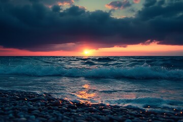 Stunning Sunset over Dramatic Ocean Waves with Rocky Shore