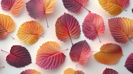 A vibrant fall leaf pattern backdrop featuring pink, yellow and orange hues on a crisp white background.