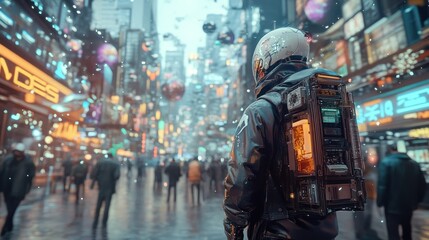 Obraz premium Futuristic Cityscape with a Person in a Protective Suit Walking Through a Crowded Street