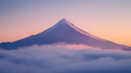 A lone mountain rising above a fog-covered valley at dawn with soft light illuminating the peak.