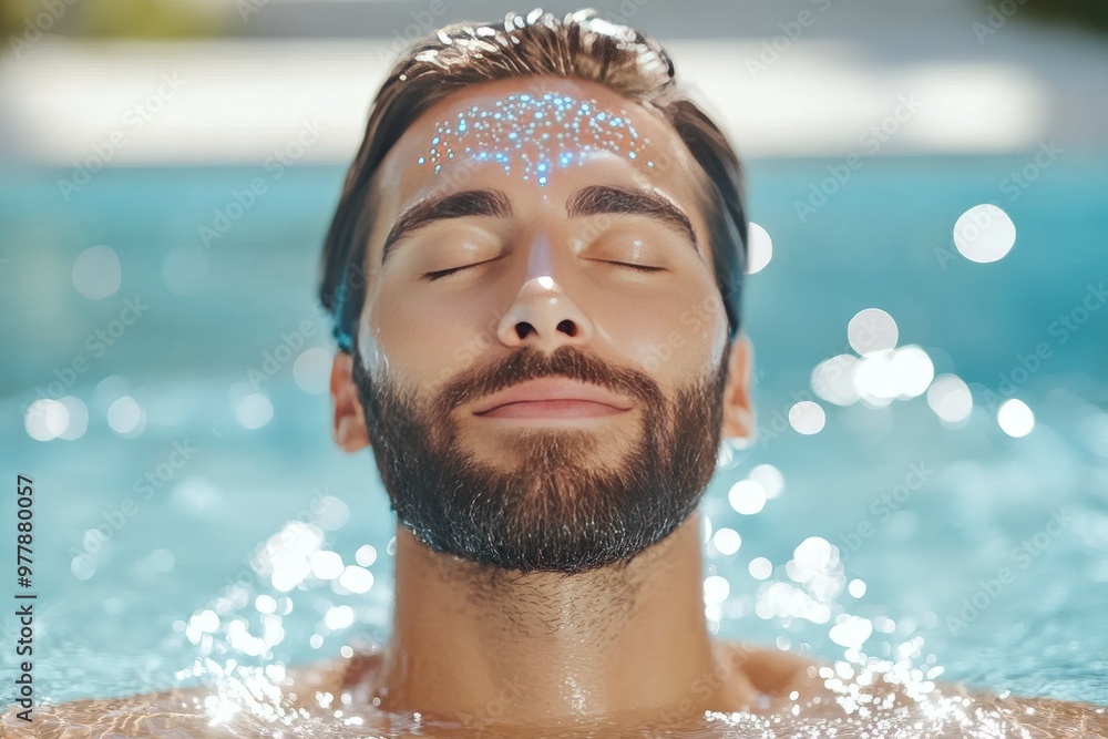 Poster man meditating in a serene environment symbolizing mindfulness relaxation and inner peace with glowi
