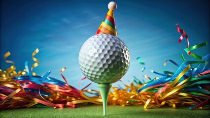 Golf themed celebration event with golf ball on tee wearing party hat and blow out streamers