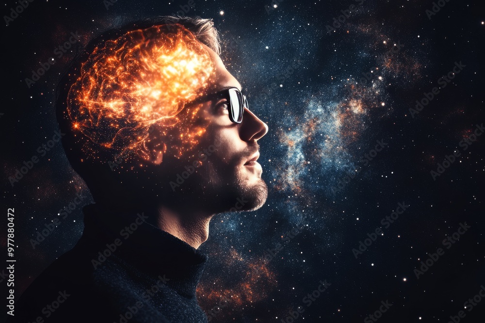 Poster profile of a man with a glowing neural network in his brain symbolizing consciousness neural activit