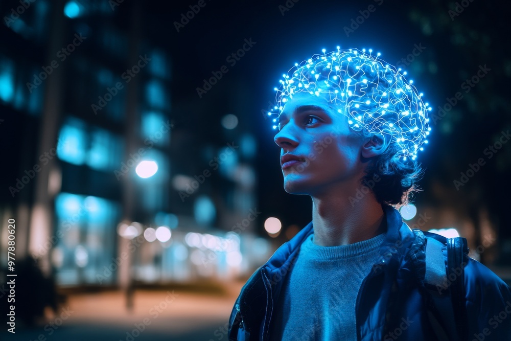 Poster man with glowing neural activity in his brain walking in an urban environment at night symbolizing a