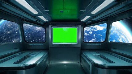 Space station control room with large green screen showing Earth in the background