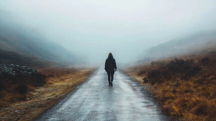 A lone figure walks down a foggy road, disappearing into the distance.