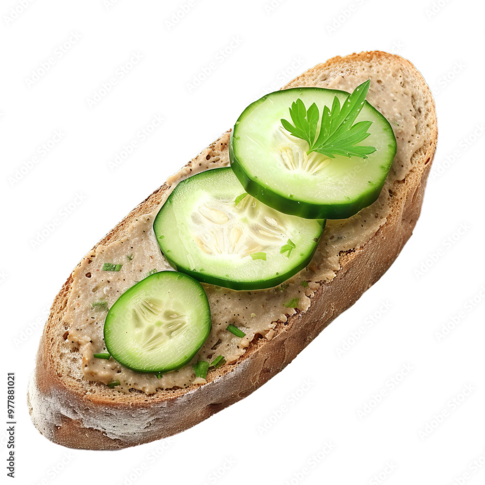 Poster freshly made sandwich with paste and cucumber slices is lying on a white background