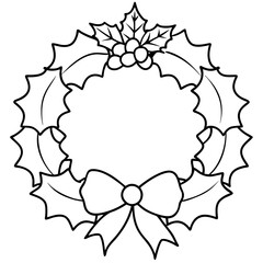 A wreath made of holly leaves, berries, and a ribbon tied in a bow vector