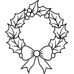 A wreath made of holly leaves, berries, and a ribbon tied in a bow vector