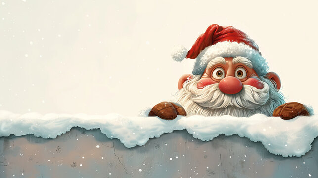 a cute watercolor art of red white classic traditional santa claus looking from a wall with white background, merry christmas holidays, party invitation card, new year, bannere, space for text 