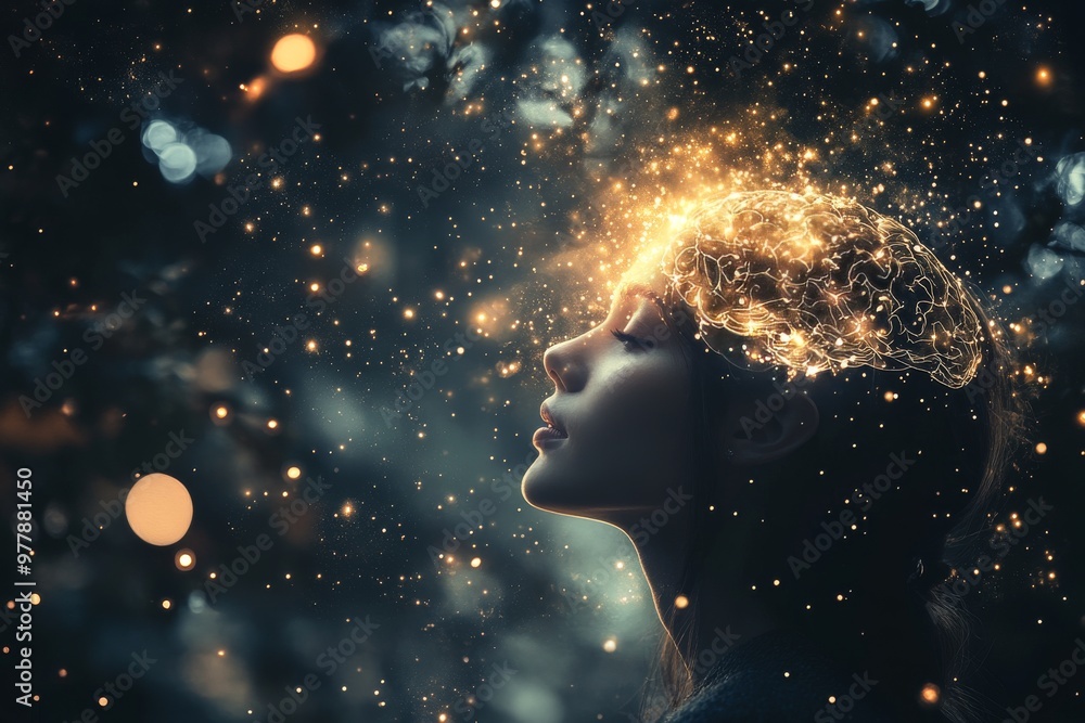 Poster young person with a glowing brain floating in cosmic space symbolizing advanced intelligence neural 