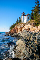 The Bass Harbor Head Lighthouse in Acadia National Park in Bar Harbor, Maine, on an early autumn day.