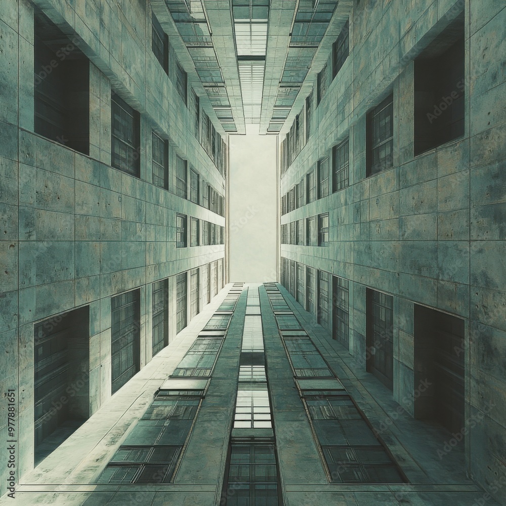 Poster a building with multiple windows and a sky background