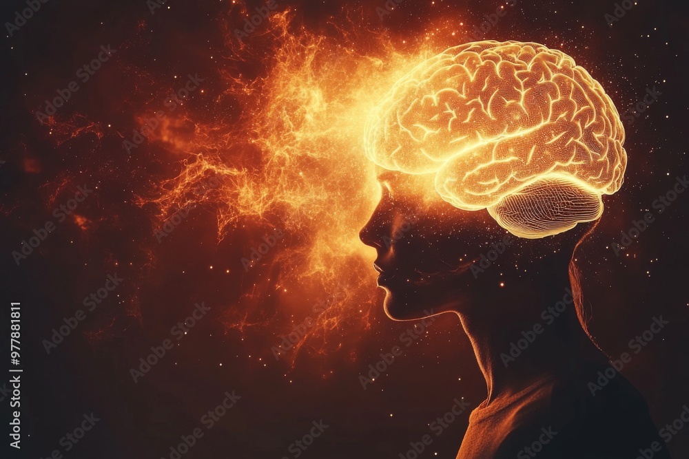 Poster abstract profile of a glowing brain in a fiery aura symbolizing intense thought cognitive processes 
