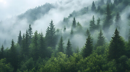 Fototapeta premium A misty mountain forest with tall evergreens their tips disappearing into the low-hanging clouds.