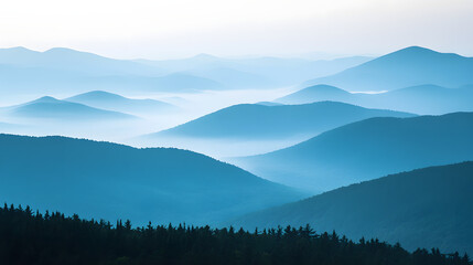Obraz premium A misty mountain ridge with layers of peaks fading into the distance covered in early morning fog.
