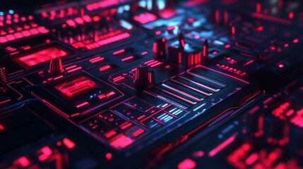 Obraz premium Closeup of a Futuristic Electronic Control Panel with Red and Blue Neon Lights