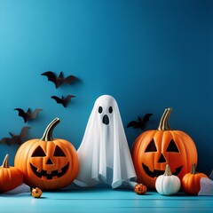 Halloween pumpkins and ghost decorations on blue backdrop.