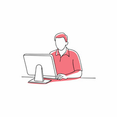 Casual young man focused on working at a computer in a bright and minimalistic setting.