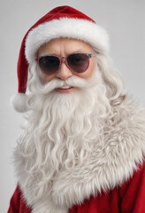 smiling fashionable santa in sunglasses at white background