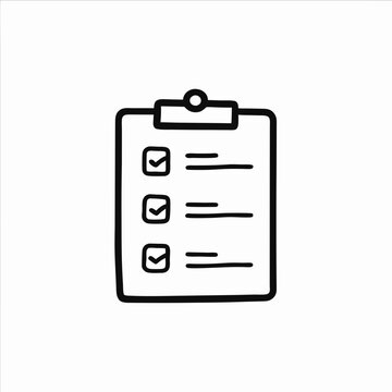 recommend clip art: Simple clipboard with checklist, black line art, minimalistic design, copy space