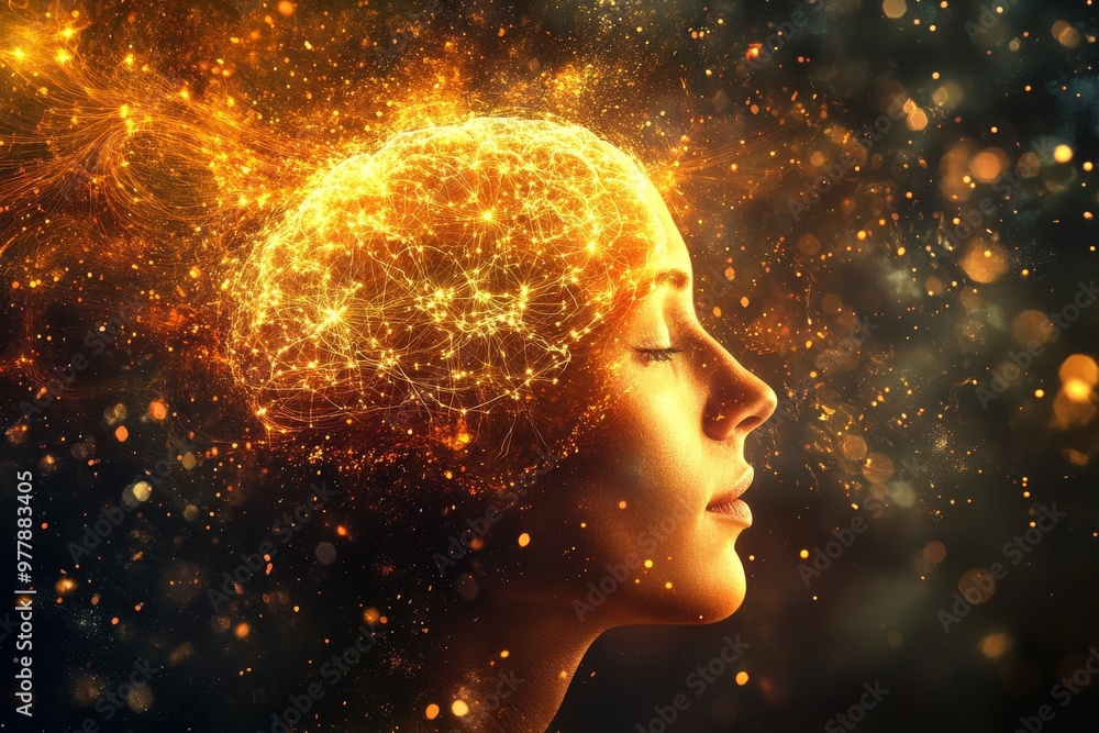 Poster womans glowing brain in profile view symbolizing creativity neural activity and mental energy sci fi