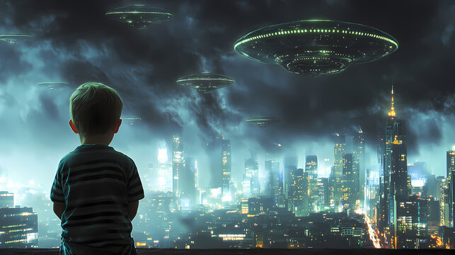 A little boy looks at the alien invasion of the city. ufo in the sky over the city. ai generation. Extraterrestrial Invasion. Illustration