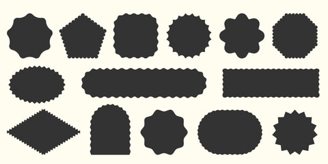 Black silhouette Label shapes collection. Empty Wavy Scallop edge Geometric shape set. Abstract Starburst ellipse Frame icon Text Box. Simple Blank Tag Stamp mark Badge. Element for design