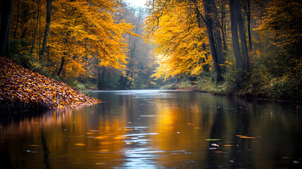 Obraz premium A peaceful river meandering through a dense autumn forest with colorful leaves reflecting in the water.