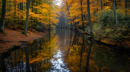 A peaceful river meandering through a dense autumn forest with colorful leaves reflecting in the water.