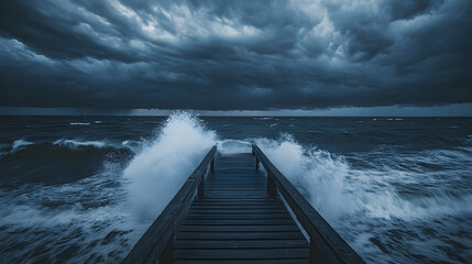 Obraz premium A pier stretching into a stormy ocean with waves crashing against its supports and the sky thick with dark swirling clouds.