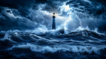 Fototapeta premium A powerful storm rolling across the open ocean with towering waves crashing against a distant lighthouse and lightning splitting the sky.
