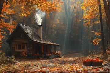 Old wooden cabin in the autumn forest, Fall in Canada, Heritage village