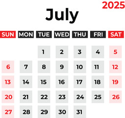 July  2025 Monthly Calendar design week starts from sunday