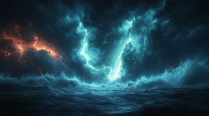 this Dark ocean storm scene with lightning and turbulent waves at night, illustrating the power and drama of nature.