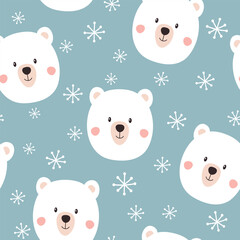 Seamless pattern with cute bear. Winter background with polar bear and snowflake. Vector illustration.