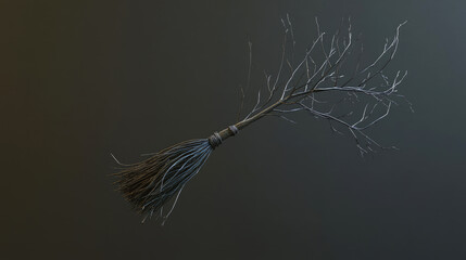 Creepy Witch Broom Made from Twigs on Dark Background, Minimalist Halloween Decor