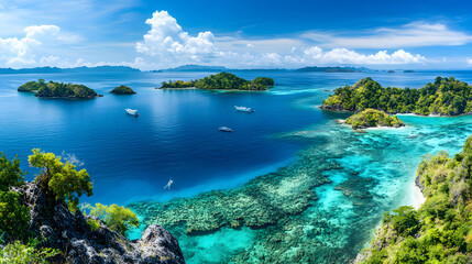 Fototapeta premium A panoramic view of a tropical island chain with small islands scattered across the ocean surrounded by vibrant coral reefs and crystal-clear water.