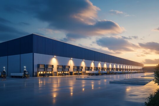 Stunning exterior of a large modern warehouse featuring loading bays and a blue and white design