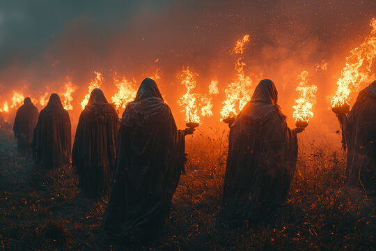 Celtic druids lighting bonfires and wearing animal skins during Samhain, the precursor to modern Halloween. Concept of Halloween in ancient Celtic times.