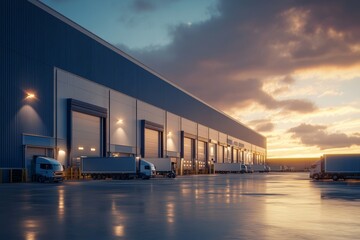 Stunning exterior of a modern warehouse featuring loading bays and a blue and white design at sunset